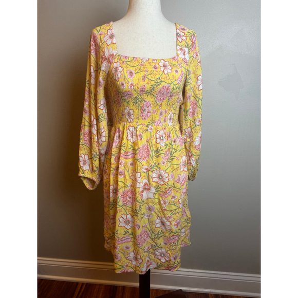 Billabong Dresses & Skirts - Billabong Mini Dress S Yellow Pink Floral Smocked NWT boho surf beach